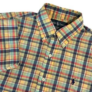 Ralph Lauren Men's Small Short Sleeve Plaid Button Down Shirt Custom Fit Yellow